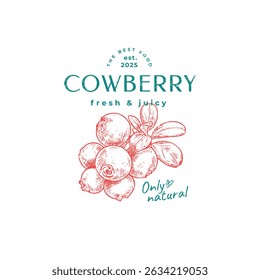 Logo design over hand drawn cowberry branch. Vector illustration in vintage style.