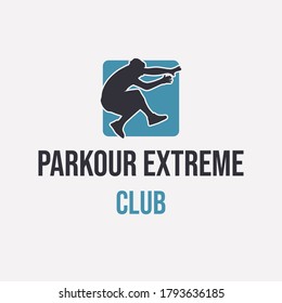 logo design parkour extreme club with silhouette man jumping simple vector