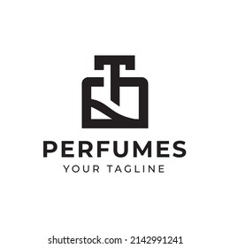 Logo design with perfume bottle line and ornament line, letter T, suitable for fashion cosmetic beauty sign business.