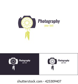 Logo design for the photographer on a white background. And two additional variants of black on white and white on black. It is based on the camera and the Totem Dreamcatcher.