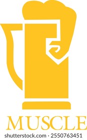 logo design with a picture of a glass and a muscular man's arm in a flat style and golden yellow color