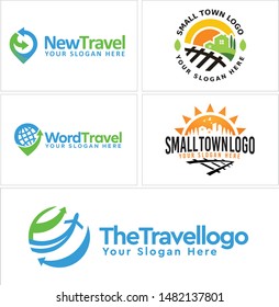 Logo design with pin map earth arrow plane and home building sun suitable for travel hotel holiday city company