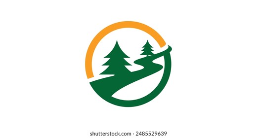 logo design pine and river, forest, adventure.logo design icon, vector, symbol, creative, idea.