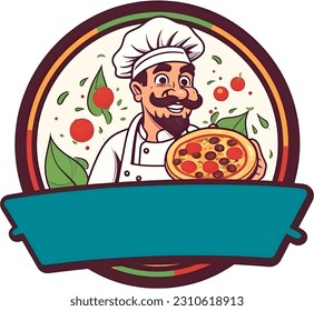 Logo design for pizza business, vector illustration. Chef cartoon.