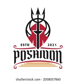 Logo Design Poseidon Trident With Black Line Art Red Color 