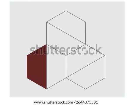 logo design presents an isometric view of three interconnected hexagonal shapes on a light gray background. One of the hexagons on the left is filled with a dark red color,