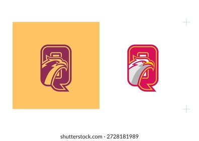 Diseño de logotipo con letra Q e ícono de águila para Equipos deportivos. Aislado sobre fondo blanco.