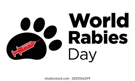 Logo design for “World Rabies Day” featuring bold black text with a symbolic paw print containing a red syringe silhouette, representing vaccination, prevention, and global awareness.