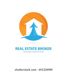 Logo design real estate broker vector template. Illustration design of logotype house sale agency. Arrow and building pictogram.