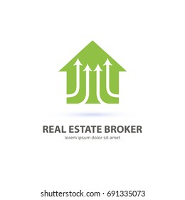 Logo design real estate broker vector template. Illustration design of logotype house sale agency. Arrow and building pictogram.