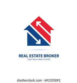 Logo Design Real Estate Broker Vector Template. Illustration Design Of Logotype House Sale Agency. Arrow And Building Pictogram.