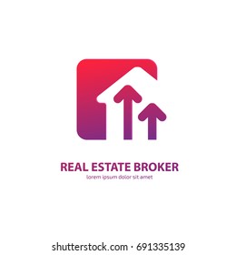 Logo Design Real Estate Broker Vector Template. Illustration Design Of Logotype House Sale Agency. Arrow And Building Pictogram.