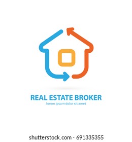 Logo design real estate broker vector template. Illustration design of logotype house sale agency. Arrow and building pictogram.