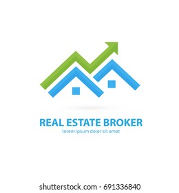 Logo design real estate broker vector template. Illustration design of logotype house sale agency. Arrow and building pictogram.