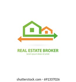 Logo Design Real Estate Broker Vector Template. Illustration Design Of Logotype House Sale Agency. Arrow And Building Pictogram.