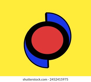 Logo design of a red circle illustration icon in the center with a blue outline next to a yellow background.