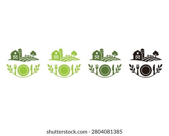 A logo design representing the farm to table concept with a barn, rolling fields, and cutlery.