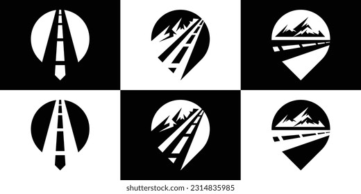 logo design road ,pin map and mountain icon trip adventure vector illustration