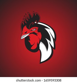logo design of a rooster's head with a red gradation background