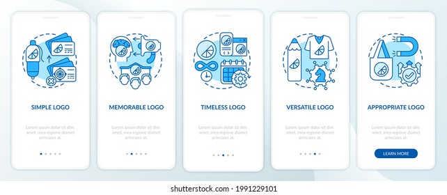 Logo design rules onboarding mobile app page screen with concepts. Simple, memorable logo walkthrough 5 steps graphic instructions. UI, UX, GUI vector template with linear color illustrations