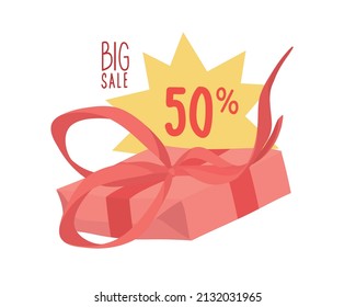 The logo for the design of the sale. Hand-drawn icon a gift box tied with a ribbon. Vector isolated colorful element.