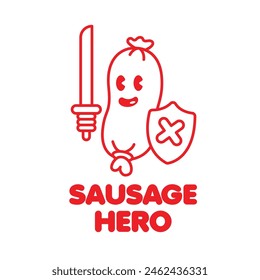 logo design, sausage is holding a sword and shield.