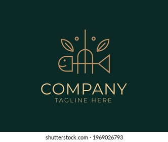 Logo Design of Seafood. Vector Illustration of Stylized image of fish and forks. Vintage Modern Vector Line Art Design Template