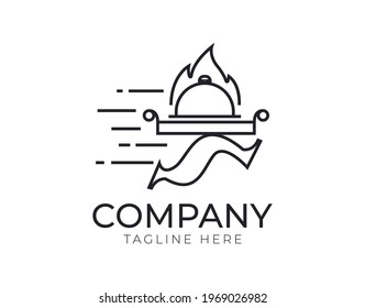 Logo Design of serving of food with fire. Vector Illustration of serve hot food quickly. Vintage Modern Vector Line Art Design Template