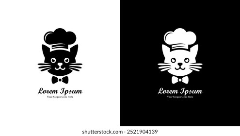 Diseño de logotipo en forma de cabeza de gato con sombrero de chef en un estilo moderno