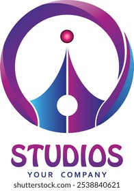 El diseño del logotipo tiene la forma de un círculo con un símbolo de pluma en el medio con una combinación de púrpura y azul