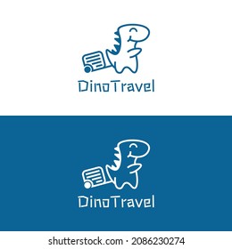 Logo design with the shape of a cute dinosaur character carrying a travel bag. Suitable for tour and travel business