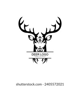 logo design with the shape of a deer's head combined with the word, suitable for adventure brands, hunting and butcher shops.