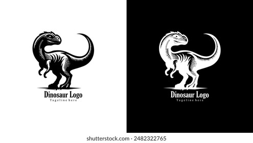 The logo design is in the shape of a dinosaur standing with its head turned backward