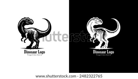 The logo design is in the shape of a dinosaur standing with its head turned backward