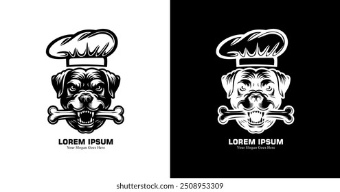 Logo design in the shape of a dog's head wearing a chef's hat