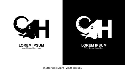 Diseño de logotipo en forma de cabeza de elefante combinado con la letra H