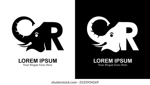 Logo design in the shape of an elephant's head combined with the letter R
