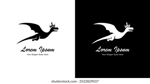 Logo design in the shape of a flying pterosaur wearing a king's crown