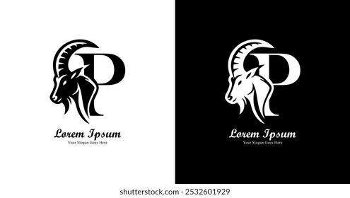 Diseño de logotipo en forma de cabeza de cabra combinado con la letra P