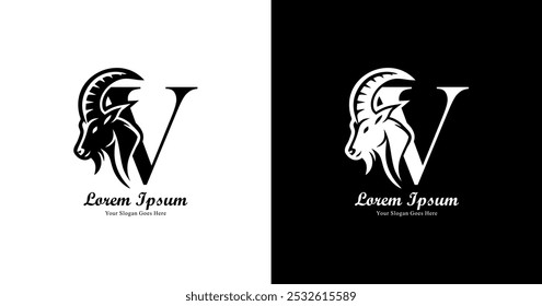 Diseño de logotipo en forma de cabeza de cabra combinado con la letra V