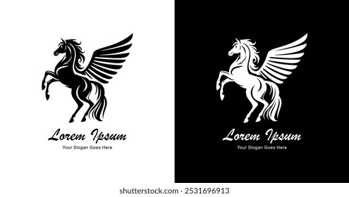 Logo design in the shape of a horse standing and having wings