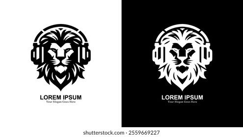The logo design is in the shape of a lion's head wearing headphones and has a modern style