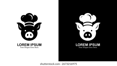 Diseño de logotipo en forma de cabeza de cerdo con sombrero de chef