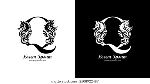 A logo design in the shape of a Q combined with a seahorse