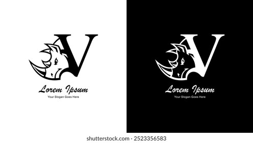 Logo design in the shape of a rhinoceros head combined with the letter V 