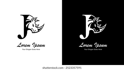 Logo design in the shape of a rhinoceros head combined with the letter j 