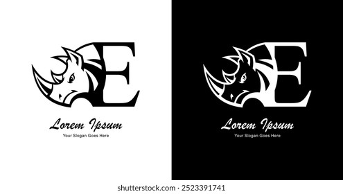 Logo design in the shape of a rhinoceros head combined with the letter E