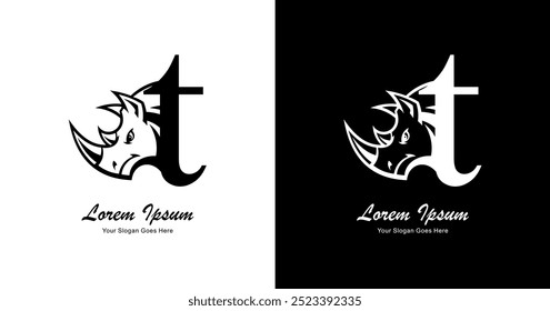 Logo design in the shape of a rhinoceros head combined with the letter t