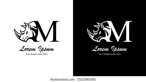 Logo design in the shape of a rhinoceros head combined with the letter M