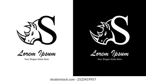 Logo design in the shape of a rhinoceros head combined with the letter S